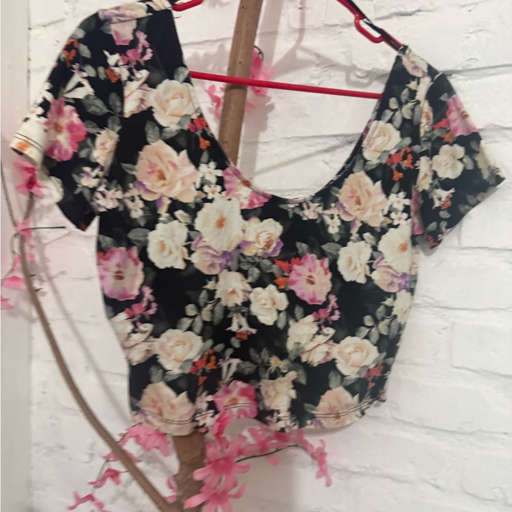 Forever 21 Black Floral Scoop Crop Top with Pink & Cream Roses